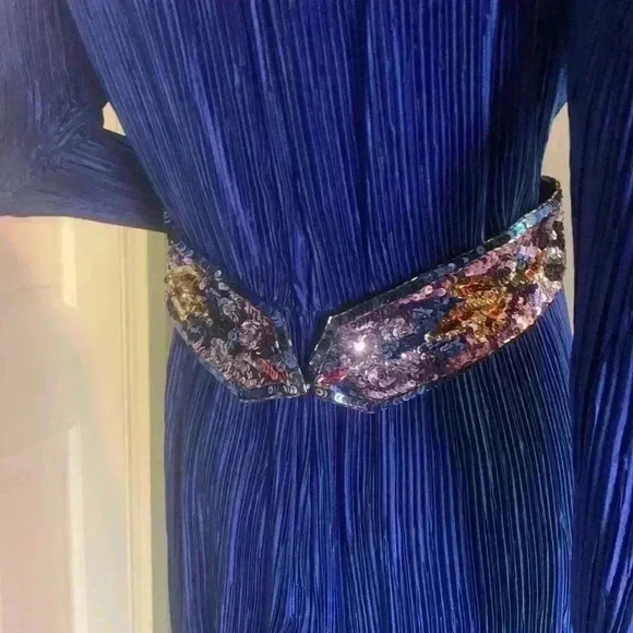 Nuit Vintage 80s Crepe Dress 10 Sequin Wasp Belt Blue Longsleeve Cocktail Formal - Picture 8 of 13